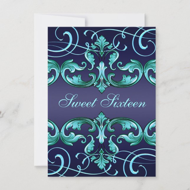 Sweet16 bleu foncé Damas & Tiara Invitation d'anni (Devant)