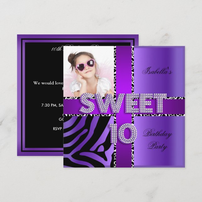 Sweet 10 10th Birthday Zebra Cow Purple Black Invitation (Front/Back)