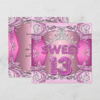 Sweet 13 13th Birthday Party Pink Silver Tiara Invitation