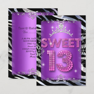 Sweet 13 13th Birthday Pink Purple Zebra Invitation