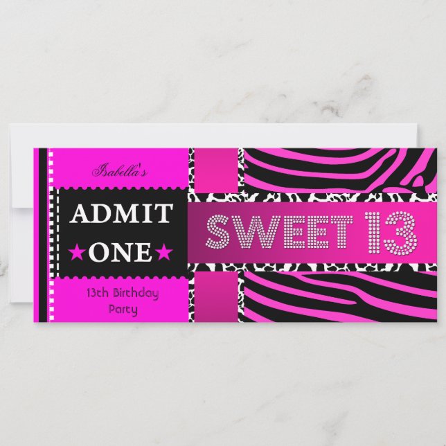 Sweet 13 13th Birthday Zebra Cow Hot Pink Black Invitation (Front)