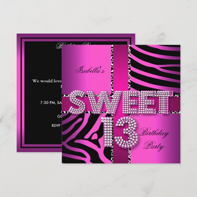 Sweet 13 13th Birthday Zebra Cow Pink Black Invitation (Front/Back)