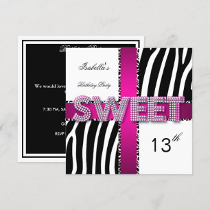 Sweet 13 13th Birthday Zebra Cow Pink Black White Invitation