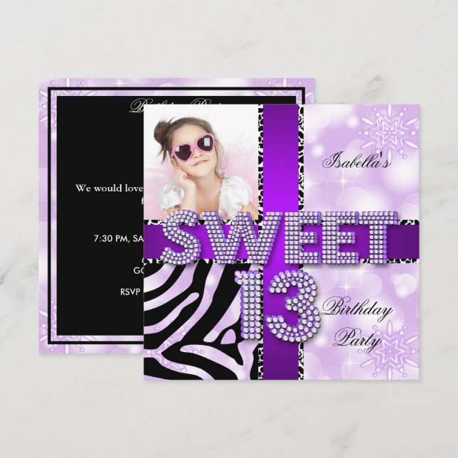 Sweet 13 13th Birthday Zebra Cow Purple Black Invitation (Front/Back)