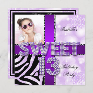 Sweet 13 13th Birthday Zebra Cow Purple Black Invitation