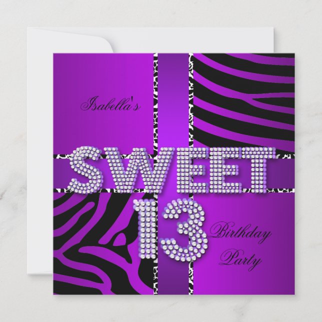 Sweet 13 13th Birthday Zebra Cow Purple Black Invitation (Front)