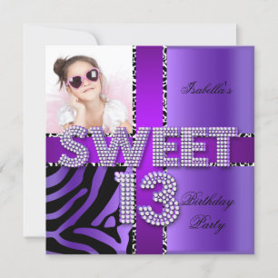 Sweet 13 13th Birthday Zebra Cow Purple Black Invitation