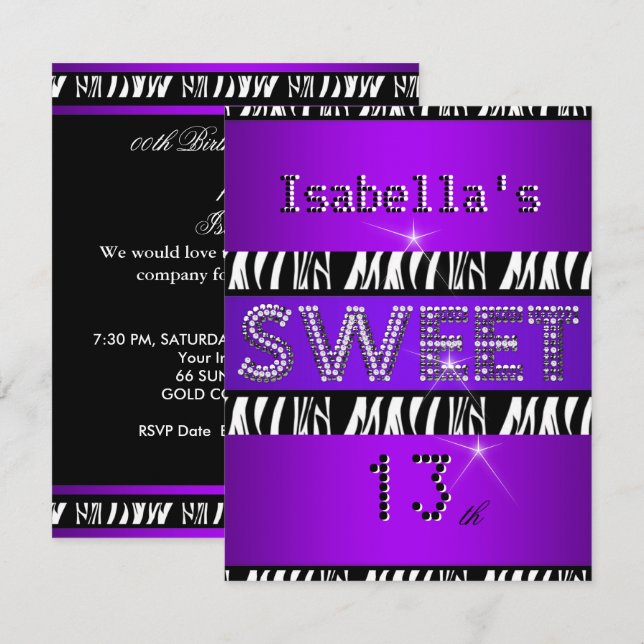 Sweet 13 13th Birthday Zebra Purple Black Invitation (Front/Back)