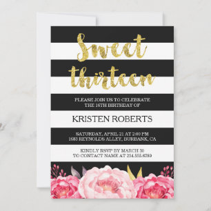 Sweet 13 Birthday Floral Gold Black White Stripes Invitation