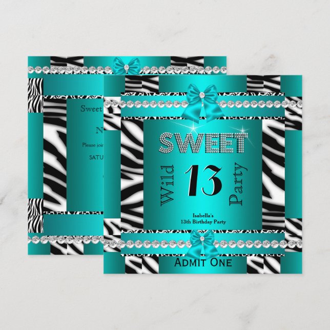 Sweet 13 Fun Party Zebra Teal Blue Ticket 3S Invitation (Front/Back)