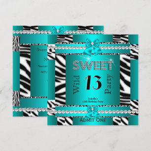 Sweet 13 Fun Party Zebra Teal Blue Ticket 3S Invitation