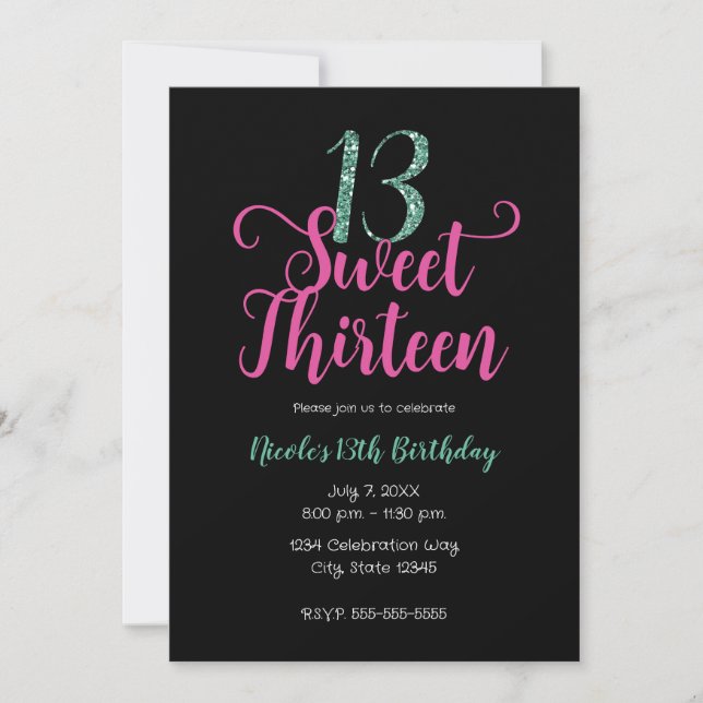 Sweet 13 Pink Black Aqua Thirteenth Birthday Party Invitation (Front)