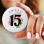 Sweet 15 Floral Number 15th Birthday 2 Inch Round Button<br><div class="desc">Chic floral sweet 15 button for your 15th birthday. Beautiful feminine design in pink and gold of watercolor roses,  flowers and greenery with gold highlights.  Please see my Floral Chic collection for matching items or,  message me to create the templates you need.</div>