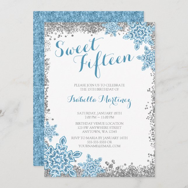 Sweet 15 Glam Winter Wonderland Silver Blue Invite (Front/Back)