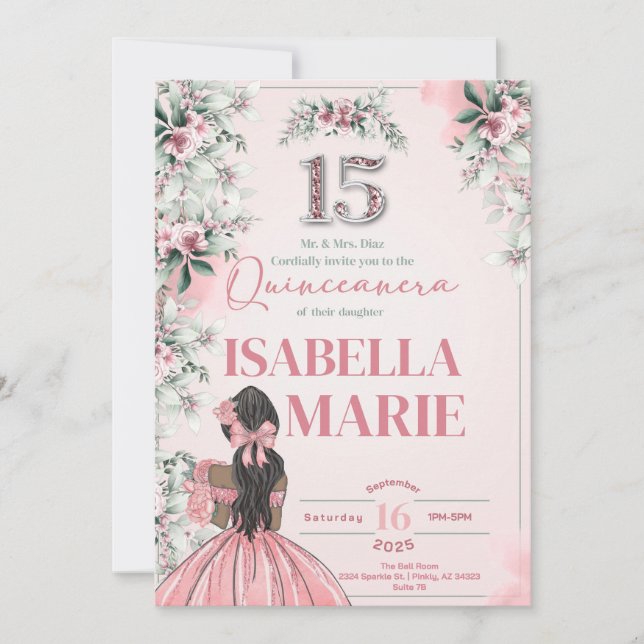 Sweet 15 Quinceanera  Pretty in Pink Birthday Invitation (Front)