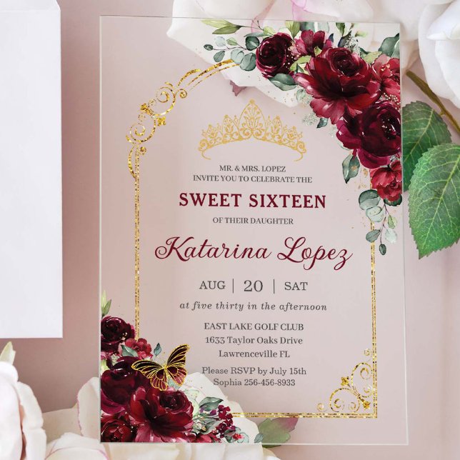 Sweet 16 15 Quinceanera Burgundy Floral Gold Arch Acrylic Invitations (Creator Uploaded)