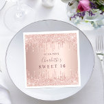 Sweet 16 16th birthday rose gold glitter monogram napkin<br><div class="desc">A napkin for a girly and glamorous  Sweet 16,  16th birthday party.  A rose gold faux metallic looking background with faux glitter drips,  paint dripping look. Personalize and add a date,  name,  age/text.  The name is written in dark rose gold with a modern hand lettered style script</div>