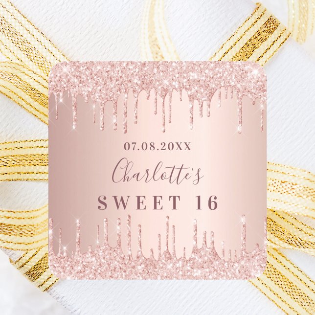 Sweet 16 16th birthday rose gold glitter monogram square sticker (Creator Uploaded)