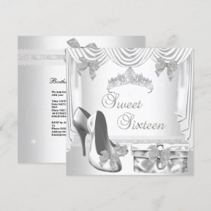 Sweet 16 16th Birthday Silver White Invitation