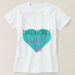 Sweet 16 16th Birthday T-Shirt<br><div class="desc">Sweet 16 16th birthday tshirt features your name and the text sweet 16 in simple modern handwritten typography in stylish bright pink and black on a bright blue heart. Exclusively designed for you by Happy Dolphin Studio.</div>
