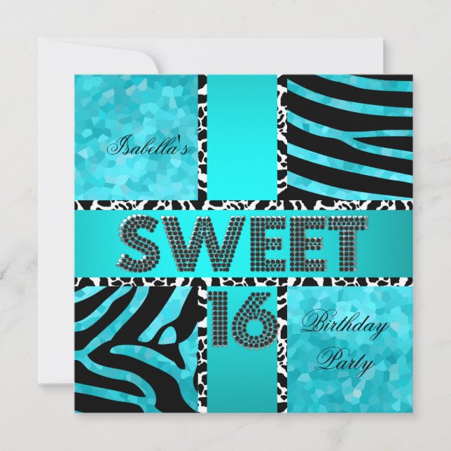 Sweet 16 16th Birthday Zebra Cow Teal Black Invitation (Front)