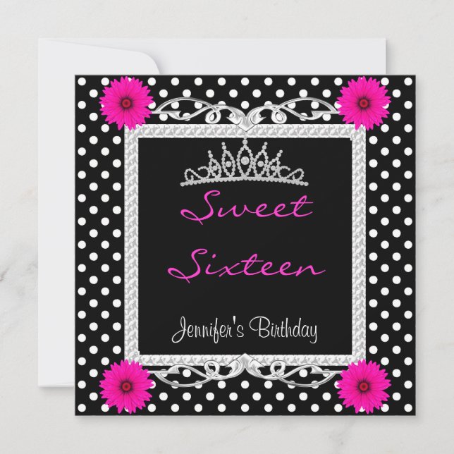Sweet 16 16th Black White spot Pink floral Tiara Invitation (Front)