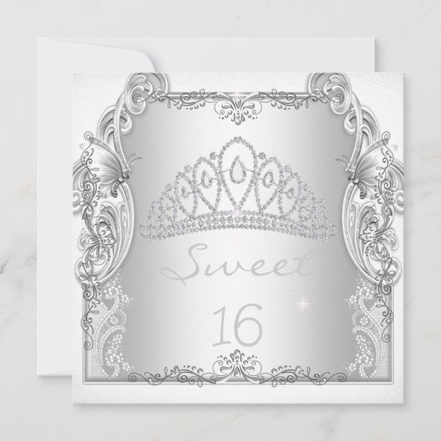 Sweet 16 16th SWEET SIXTEEN White Tiara Birthday Invitation (Front)