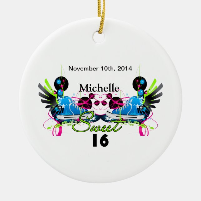 Sweet 16 80's Neon Sneakers Name Date Ceramic Ornament (Front)