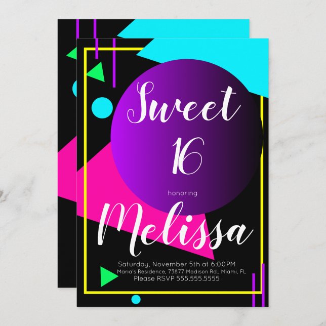 Sweet 16 80s Organic Neon Glow In The Dark Party Invitation (Front/Back)