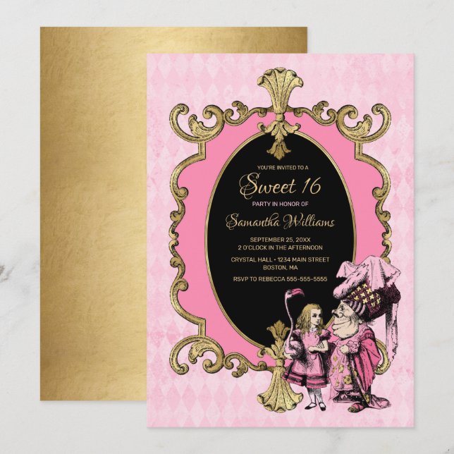 Sweet 16 Alice In Wonderland Pink Gold Party Invitation (Front/Back)