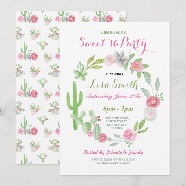 Sweet 16 Anniversaire Fiesta Cactus Invitation (Devant / Derrière)