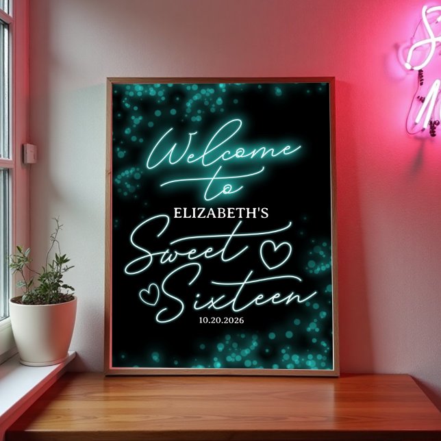 Sweet 16 Anniversaire Turquoise Neon Affiche de bi (Créateur téléchargé)