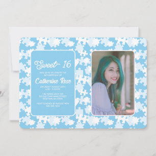 Sweet 16 Baby Blue And White Puzzle Photo  Invitation