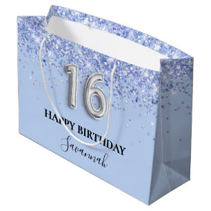 Sweet 16 baby blue glitter birthday large gift bag