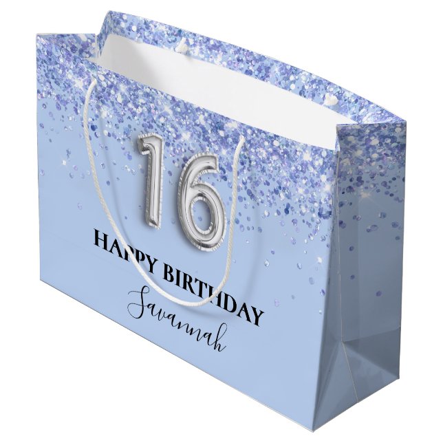 Sweet 16 baby blue glitter birthday large gift bag (Back Angled)