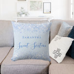 Sweet 16 baby blue glitter dust name script throw pillow<br><div class="desc">For an elegant Sweet 16,  16th birthday.  A trendy baby blue,  light blue background colour. Decorated with faux glitter dust. Personalize and add a name.  Sweet Sixteen is written with a modern hand lettered style script.</div>