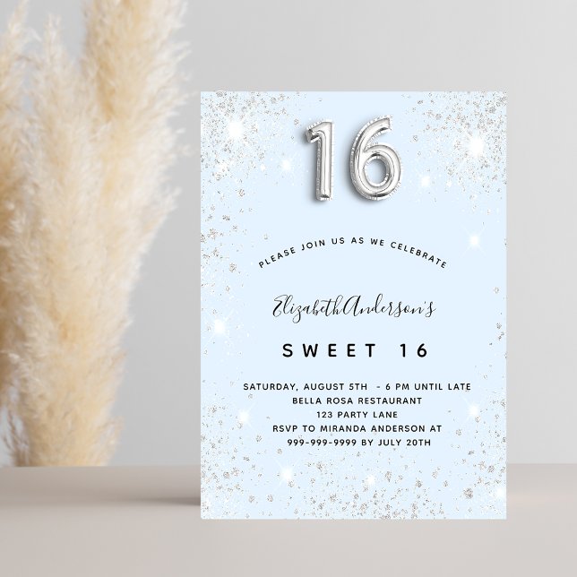 Sweet 16 baby blue silver glitter dust invitation (Creator Uploaded)