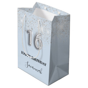 Sweet 16 baby blue silver glitter dust name medium gift bag