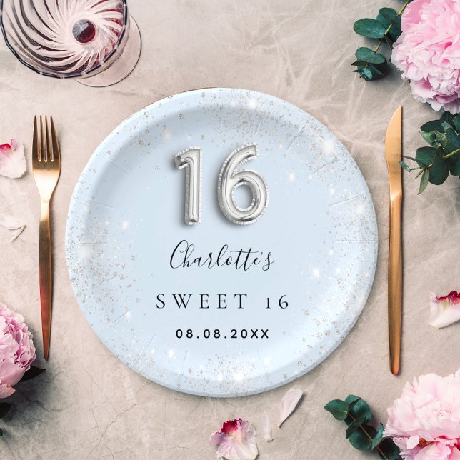 Sweet 16 baby blue silver glitter dust name paper plate (Creator Uploaded)