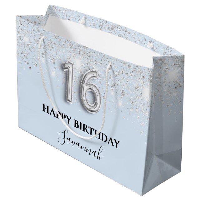 Sweet 16 baby blue silver glitter large gift bag (Back Angled)
