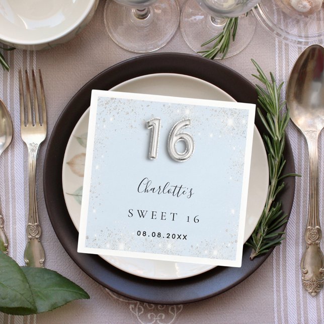 Sweet 16 baby blue silver glitter name napkin (Creator Uploaded)