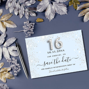 Sweet 16 baby blue silver glitter save the date card