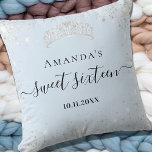 Sweet 16 baby blue silver glitter tiara name throw pillow<br><div class="desc">For an elegant Sweet 16,  16th birthday.  A trendy baby blue,  light blue background colour. Decorated with faux silver glitter dust,  a tiara crown. Personalize and add a name,  age and a date. Sweet Sixteen is written with a modern hand lettered style script with swashes.</div>