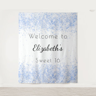 Sweet 16 baby blue white glitter dust welcome tapestry
