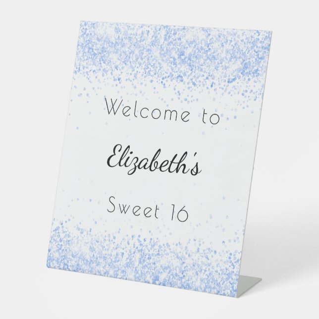 Sweet 16 baby blue white welcome pedestal sign (Front)