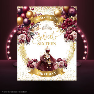 Sweet 16 Backdrop Burgundy Balloons Gold Glitter  Tapestry