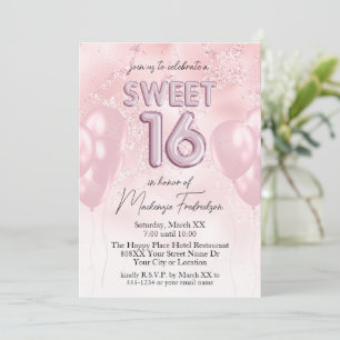 Sweet 16 Balloons on Pink Glitter Marble Invitation