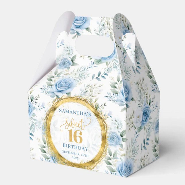 Sweet 16 Ballotins Dusty Blue Floral Gold Étincell (Sweet 16 Favor Box Dusty Blue Floral Gold Sparkles)