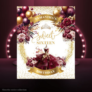 Sweet 16 Banner Burgundy Dress Glitter Gold Tapestry