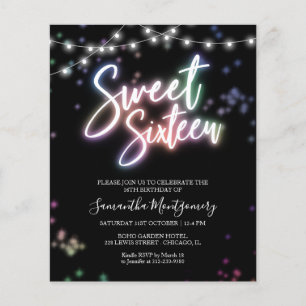 Sweet 16 Bday Colourful Neon Glow Budget Invitatio
